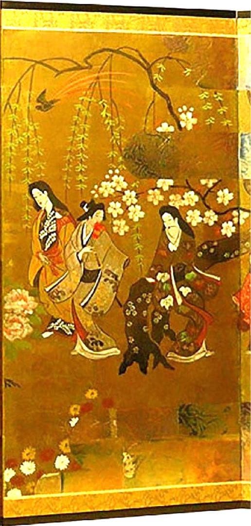 四つ折り屏風　日本画　金箔彩色　浮世花見