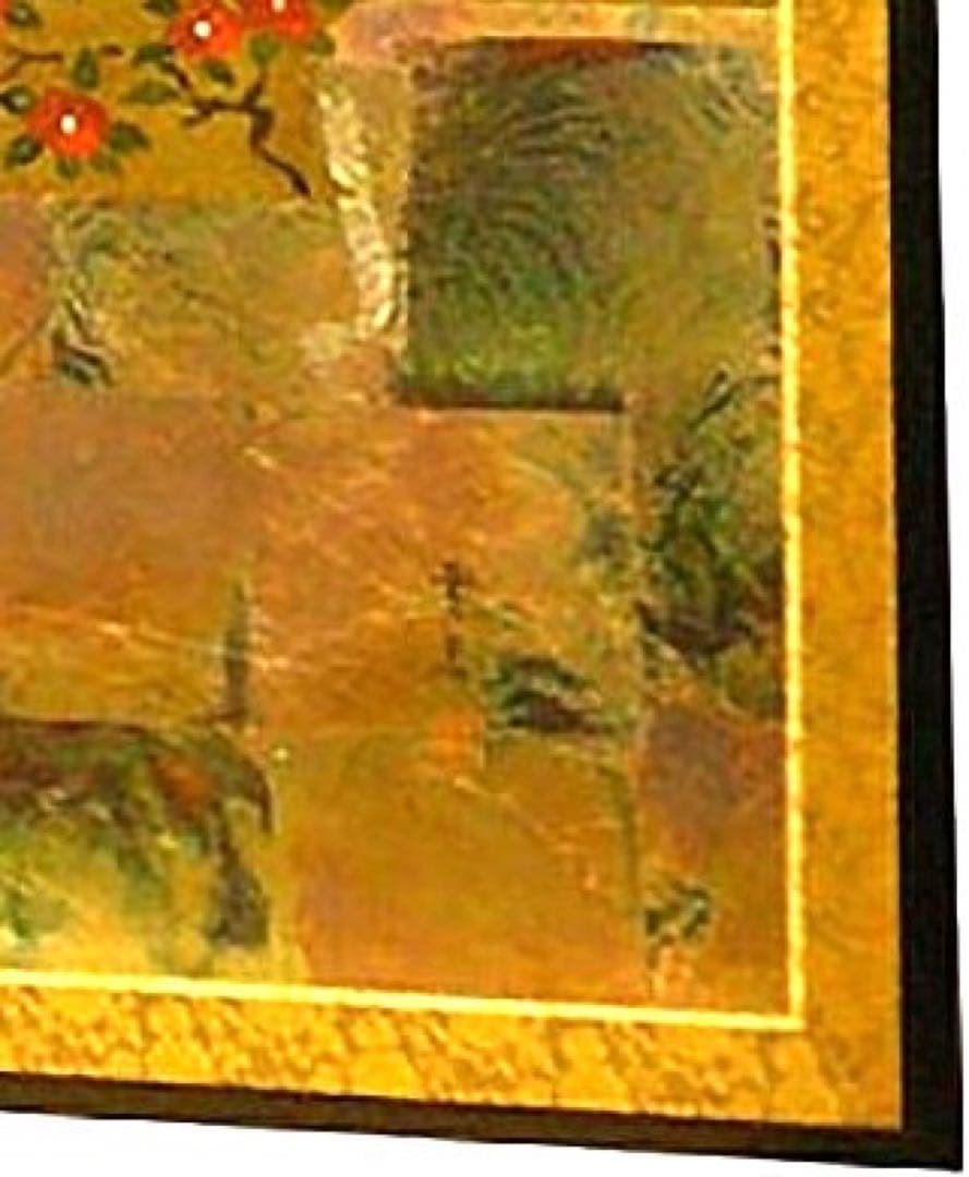 四つ折り屏風　日本画　金箔彩色　浮世花見