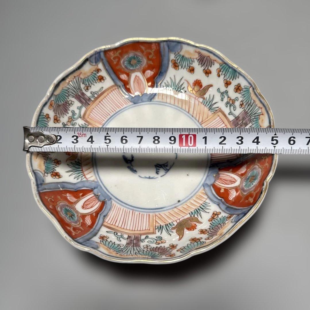 古伊万里 色絵花鳥図輪花形膾皿 松竹梅 裏巻物文様 江戸期 金蘭