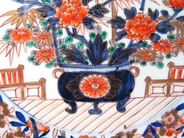 古伊万里大皿　金彩色絵　櫻花尽　見込花篭 鷺　冨貴長春 径46cm 江戸後期