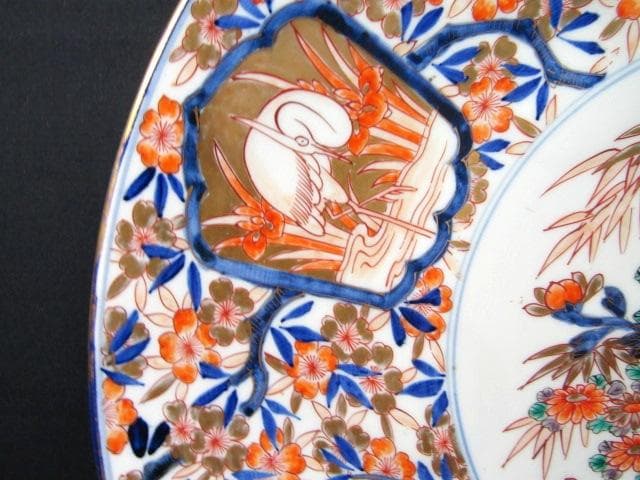 古伊万里大皿　金彩色絵　櫻花尽　見込花篭 鷺　冨貴長春 径46cm 江戸後期