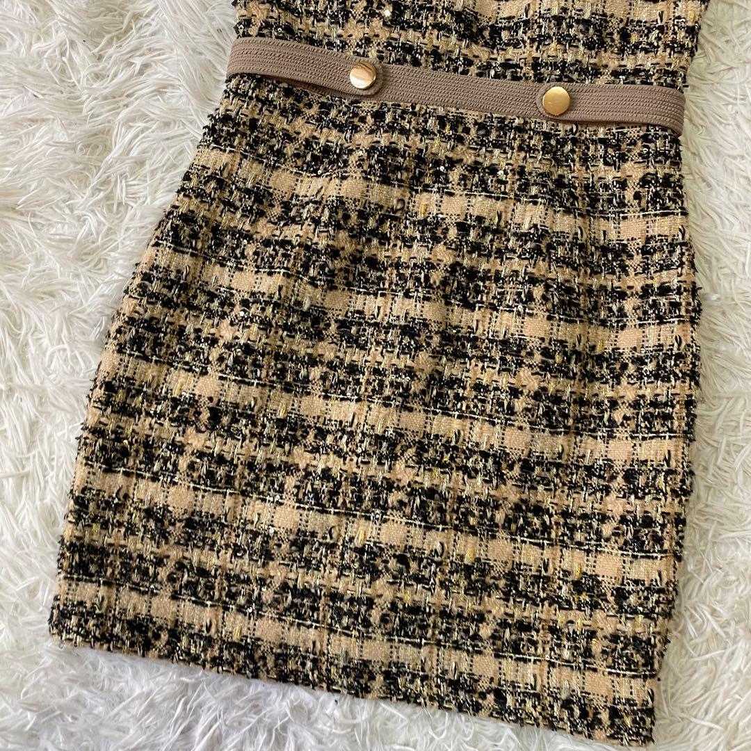 ローブドフルール グロッシー★フロントジッパー チェック柄ツイードミニドレス M