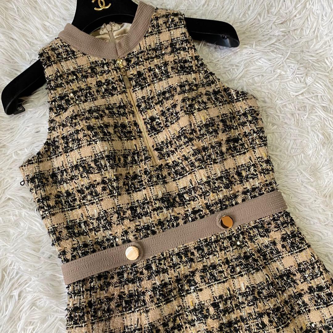 ローブドフルール グロッシー★フロントジッパー チェック柄ツイードミニドレス M