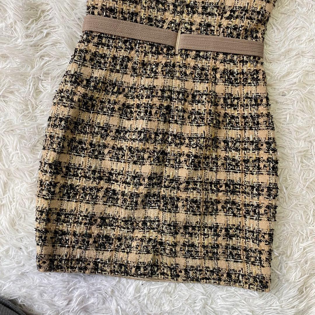 ローブドフルール グロッシー★フロントジッパー チェック柄ツイードミニドレス M