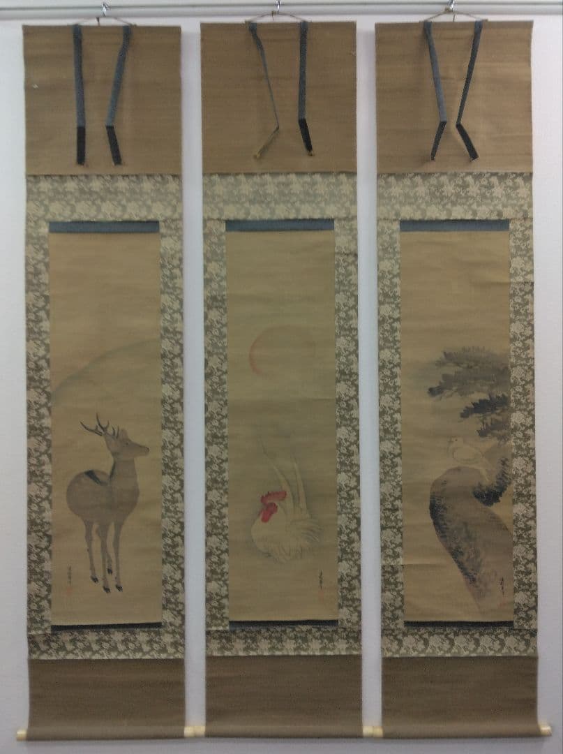 東 東洋【仙台四大画家】花鳥図 三幅 絹本 掛軸（小池曲江・菅井