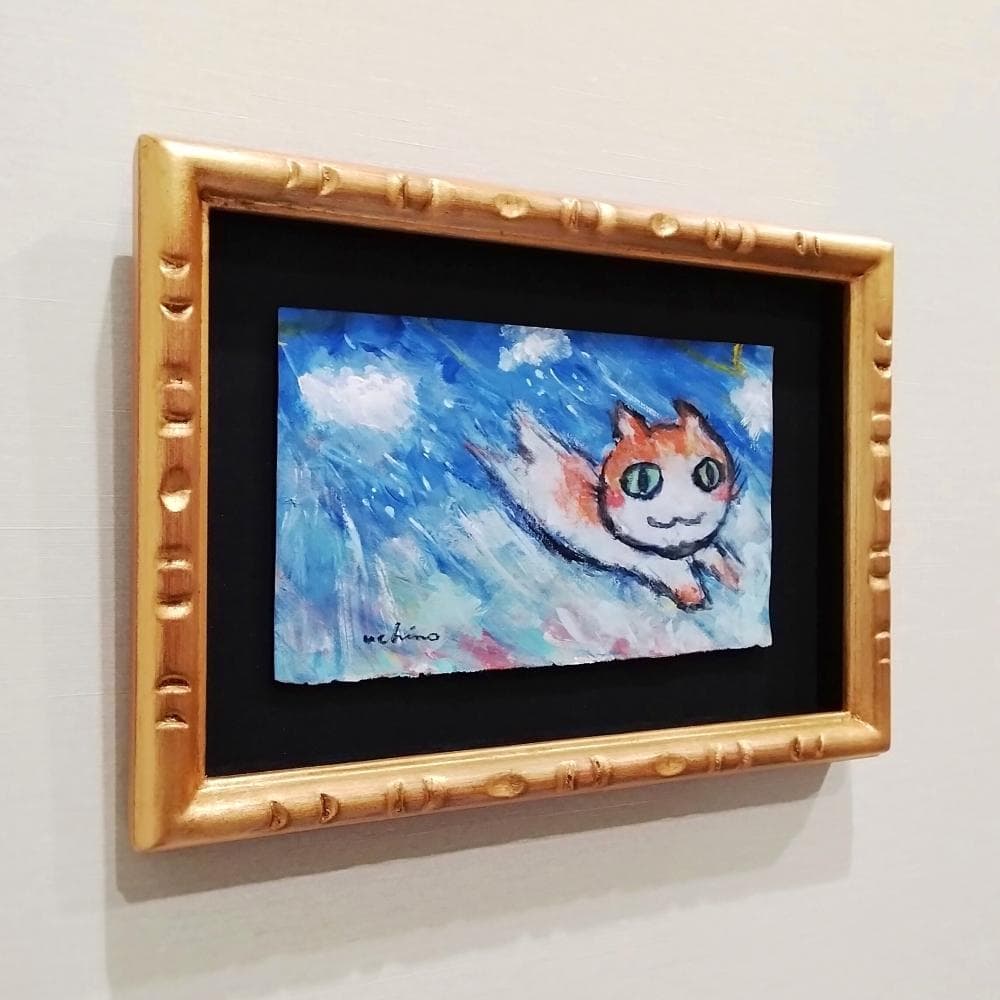内野隆文　雨とネコダッシュ　絵画　現代アート　猫　ドローイング　額縁　真作