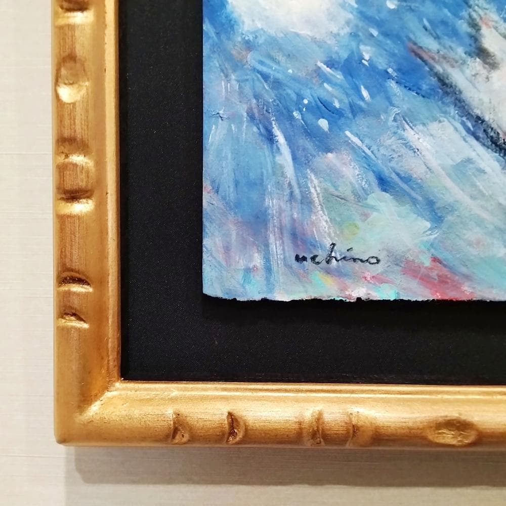 内野隆文　雨とネコダッシュ　絵画　現代アート　猫　ドローイング　額縁　真作