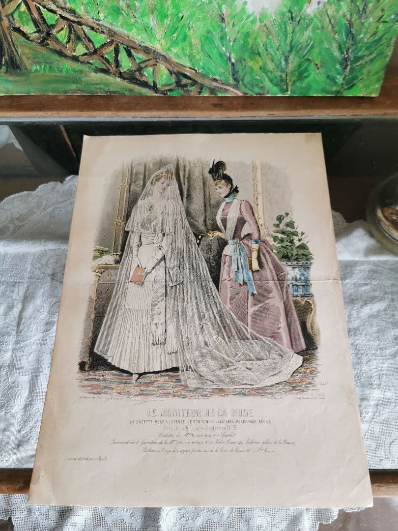 19cアンティーク銅版画 聖書を携えた新婦と姉妹/友人 ウェディングドレス手彩色