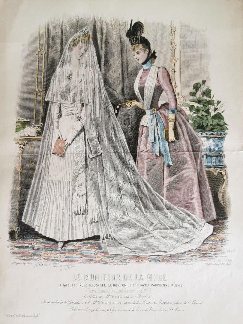 19cアンティーク銅版画 聖書を携えた新婦と姉妹/友人 ウェディングドレス手彩色