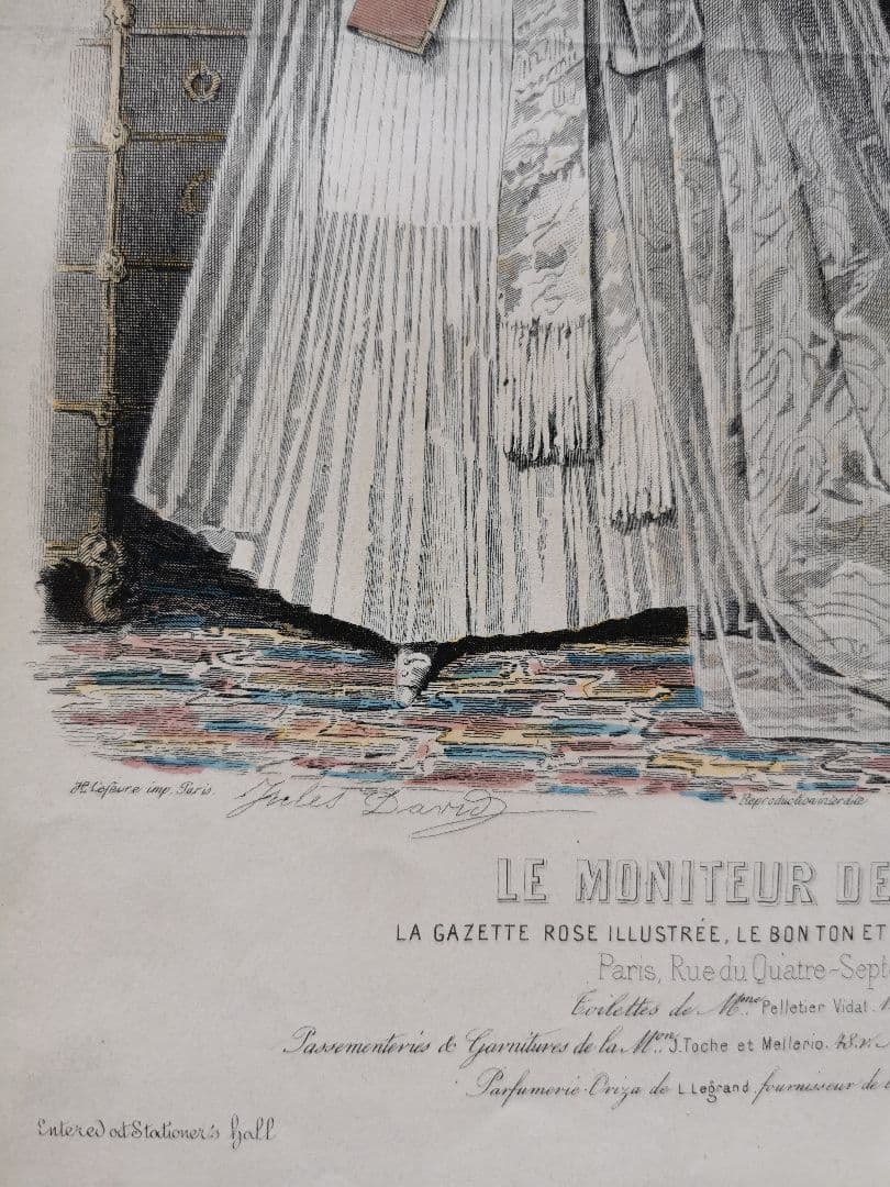 19cアンティーク銅版画 聖書を携えた新婦と姉妹/友人 ウェディングドレス手彩色