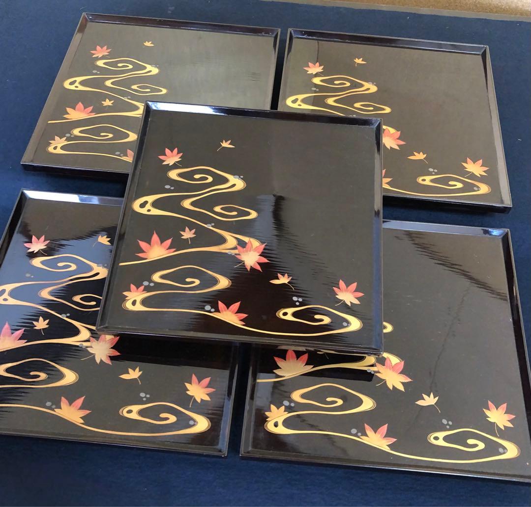 黒塗 流水紅葉蒔絵 脚付膳 四方膳10客 木製漆器 木箱　250725F1❗️割引