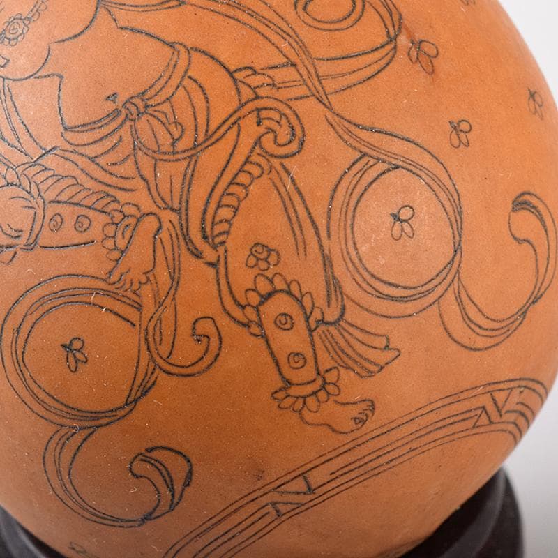 中国 漢詩西遊記刻 漢詩天女刻 丸瓢箪 唐木台付 2点 V R7974 美術品