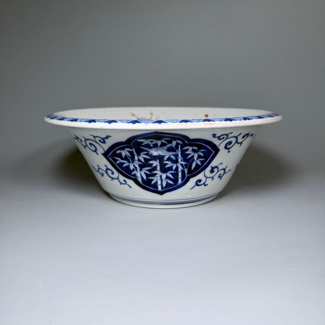 幕末〜明治期　染錦　大鉢　川海老　青海波　桜文様　鳥に松竹梅　二重高台　金魚鉢