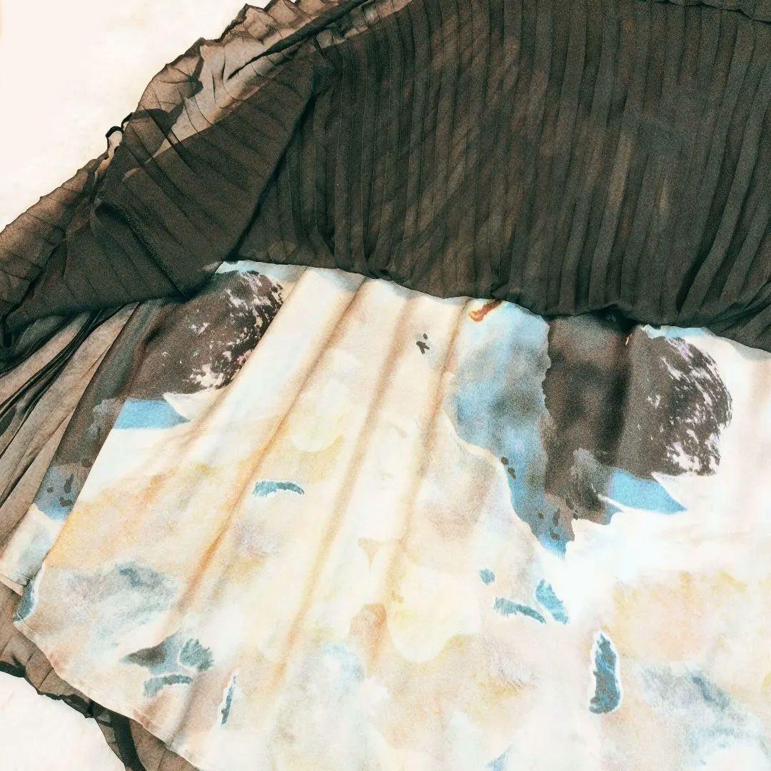 美品☆ カラルス プリント重ねシフォンプリーツデザイン ロング丈 ワンピース