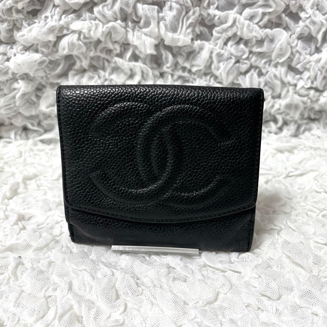 CHANEL✨シャネル キャビアスキン 折り財布 ココマーク ブラック