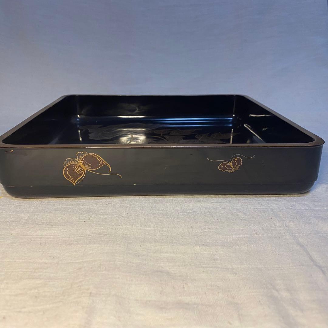 輪島塗　角盆　蒔絵　金彩　牡丹文　蝶文　2客