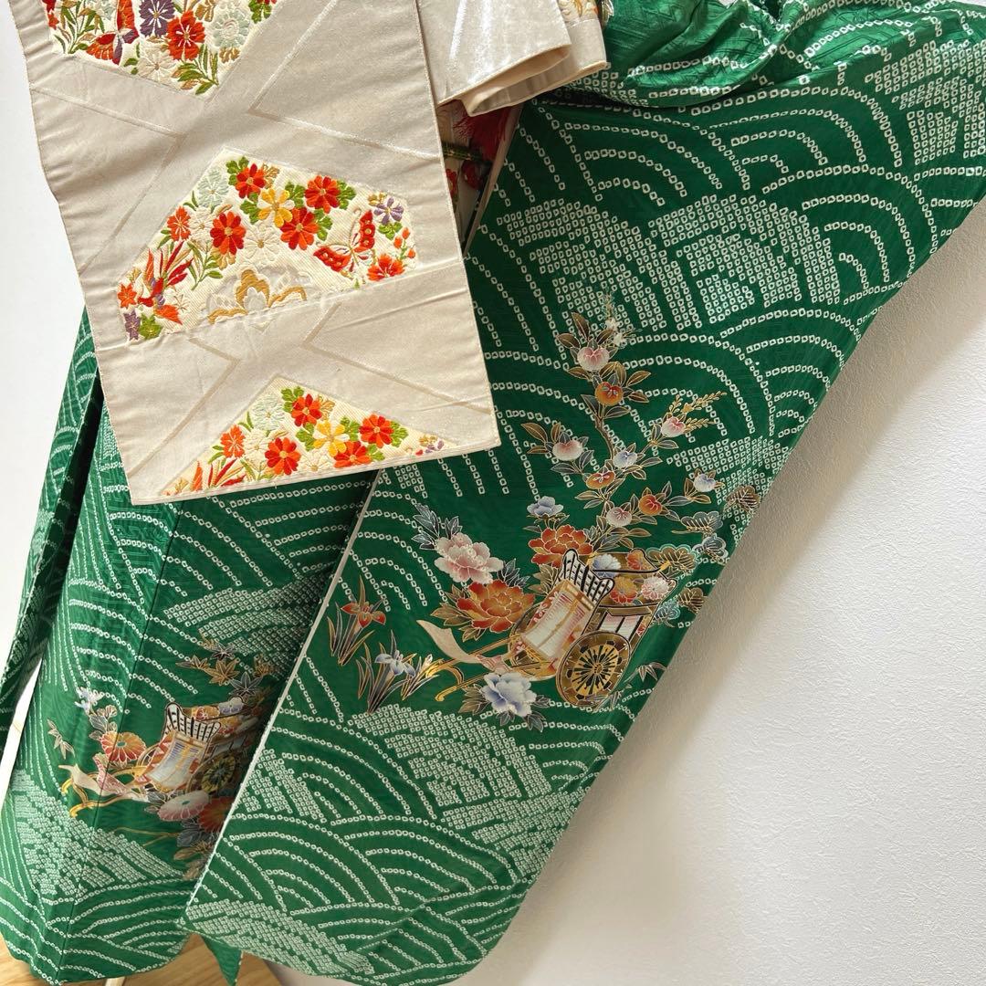 369 振袖フルセット 正絹 緑 橙 グリーン 絞り 金銀彩 古典 レトロ 長身