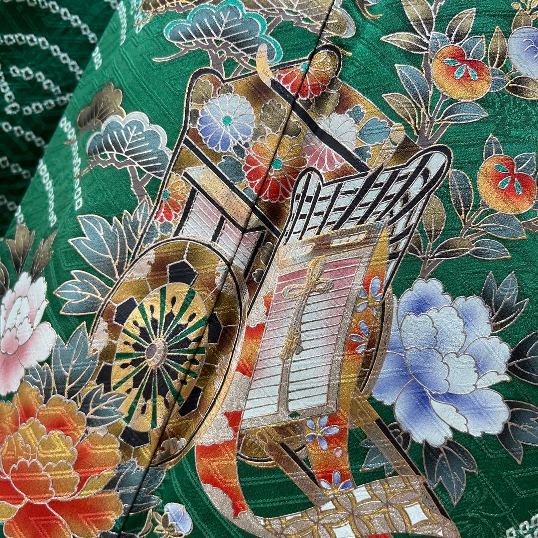 369 振袖フルセット 正絹 緑 橙 グリーン 絞り 金銀彩 古典 レトロ