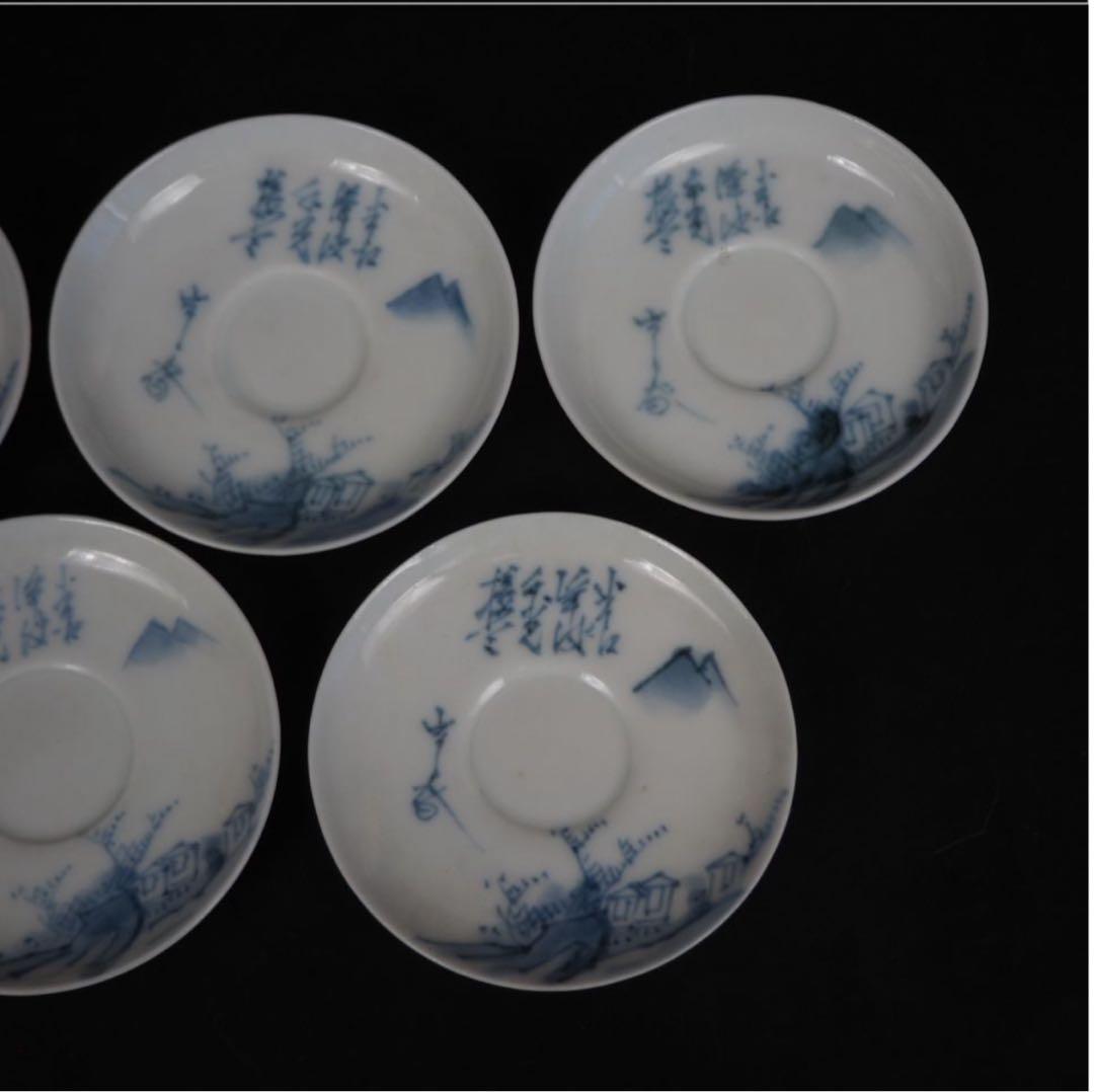 送料無料　大正～昭和初期　漢詩山水図茶碗５客　煎茶道具