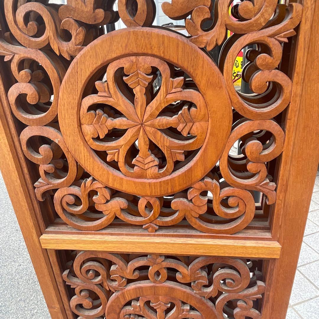 希少 アンティーク木製 衝立 折りたたみ式 4連 アンティーク 透し彫り