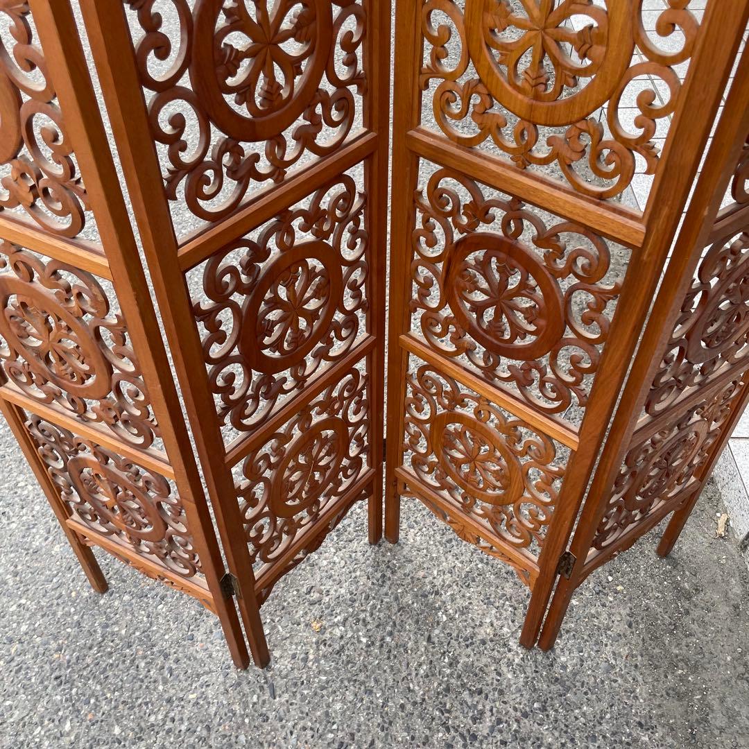 希少 アンティーク木製 衝立折りたたみ式4連アンティーク透し彫り