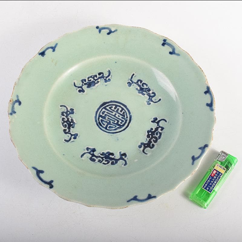 中国　成化年製　新渡　青磁　染付　輪花盤　皿　V　R8785
