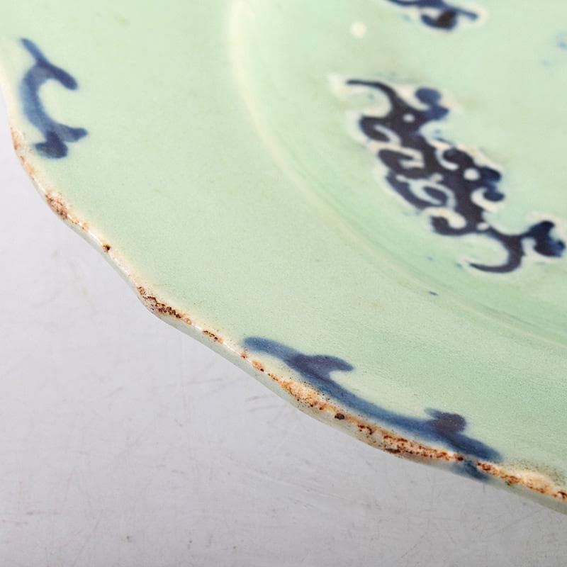 中国　成化年製　新渡　青磁　染付　輪花盤　皿　V　R8785