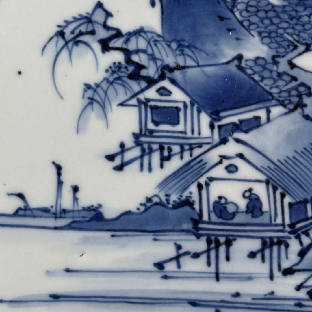 藍柿右衛門　渦福　染付白鷺図蛸唐草文様大皿　直径33cm　扇子　窓絵