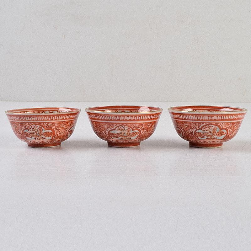 りんぞう　九谷焼　古九谷　赤絵　盃　ぐい呑　三客　時代箱　M　R9325