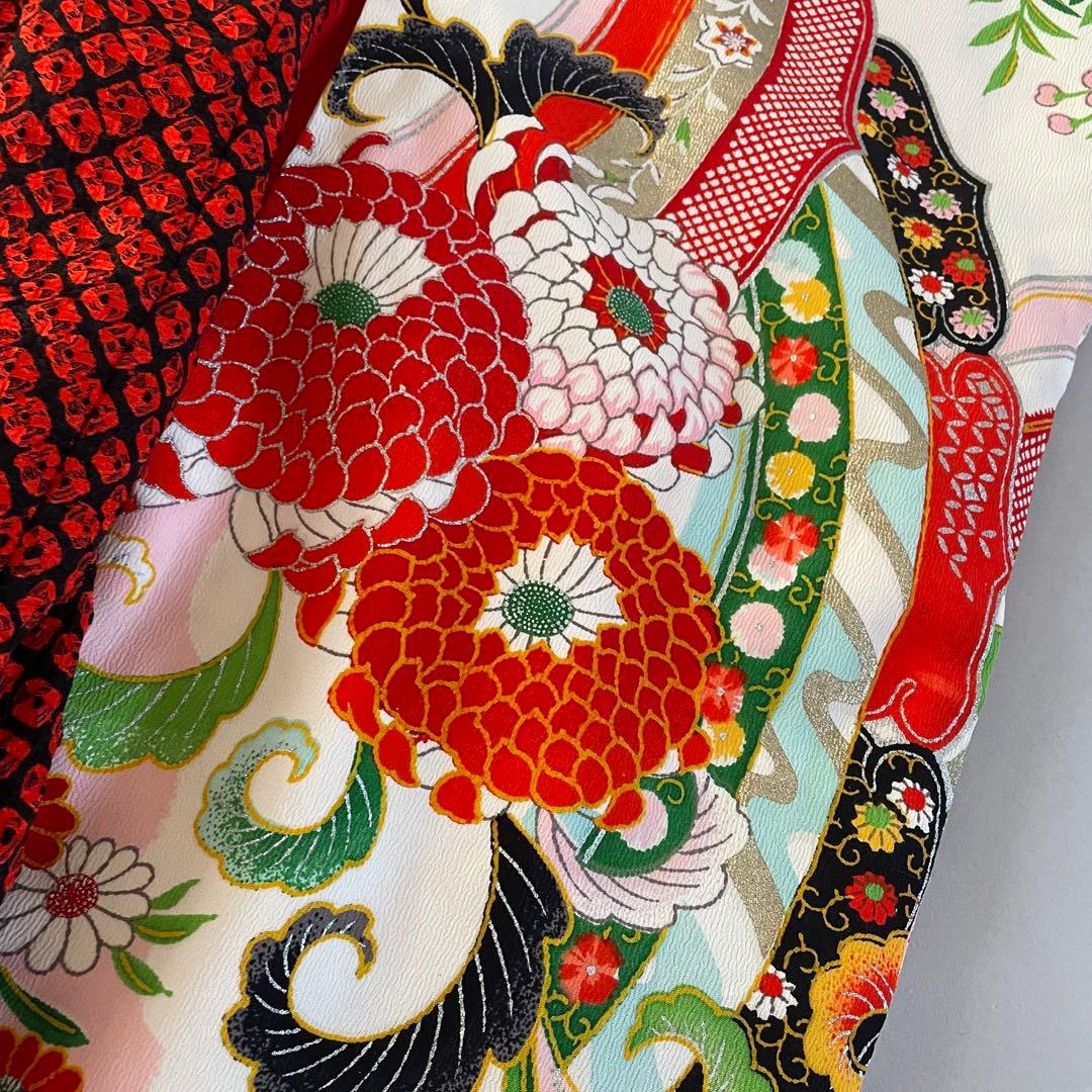 七五三　３歳　アンティークお着物　ハンドメイド　総絞りの被布コーデセット