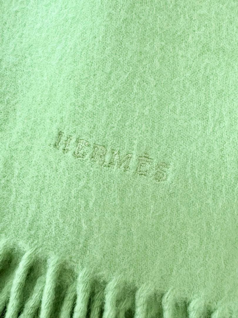 エルメス カシミヤ 100% ライトグリーン フリンジ付きマフラー