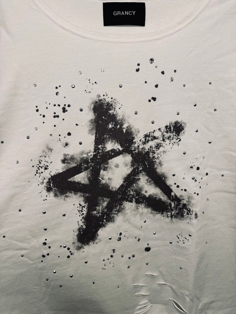 GRANCY ラインストーンデザイン グラフィックダメージ ロンT Lサイズ