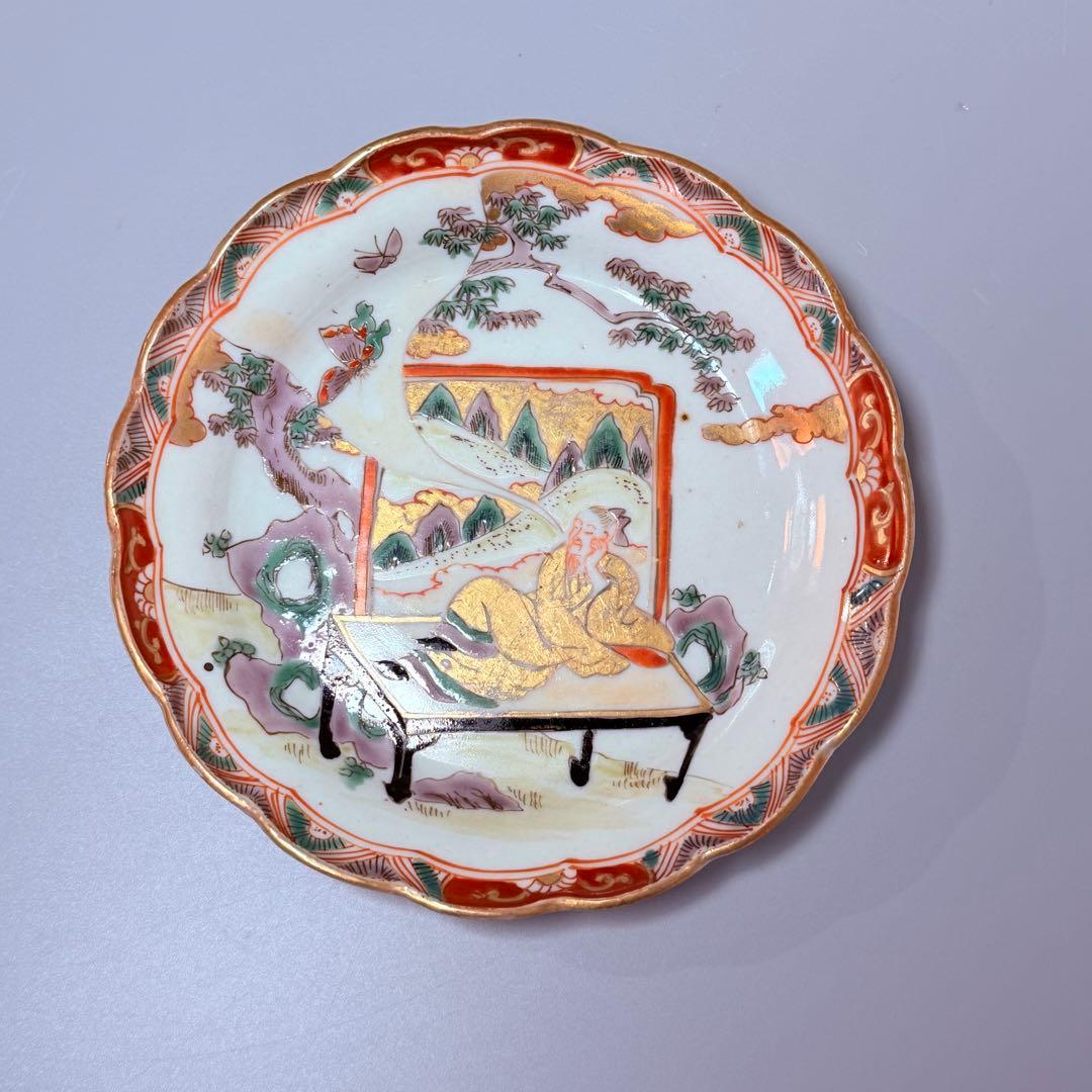 古伊万里　色絵金襴手賢人図輪花皿　5枚　直径15.6㎝　取り皿　幕末～明治期