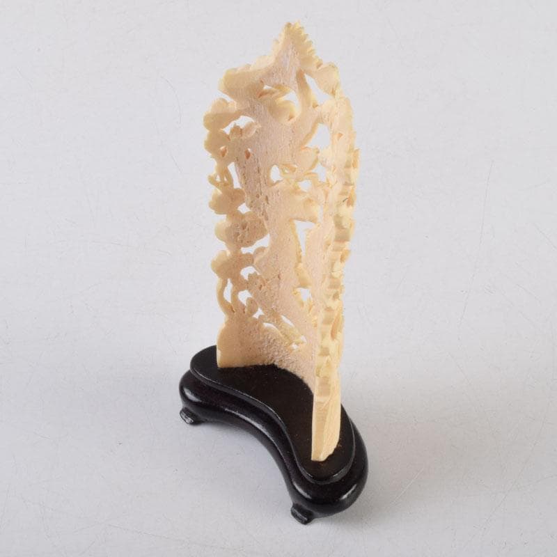 中国 獣骨製 雲龍透かし彫 硯屏 置物 唐木台付 N 9110