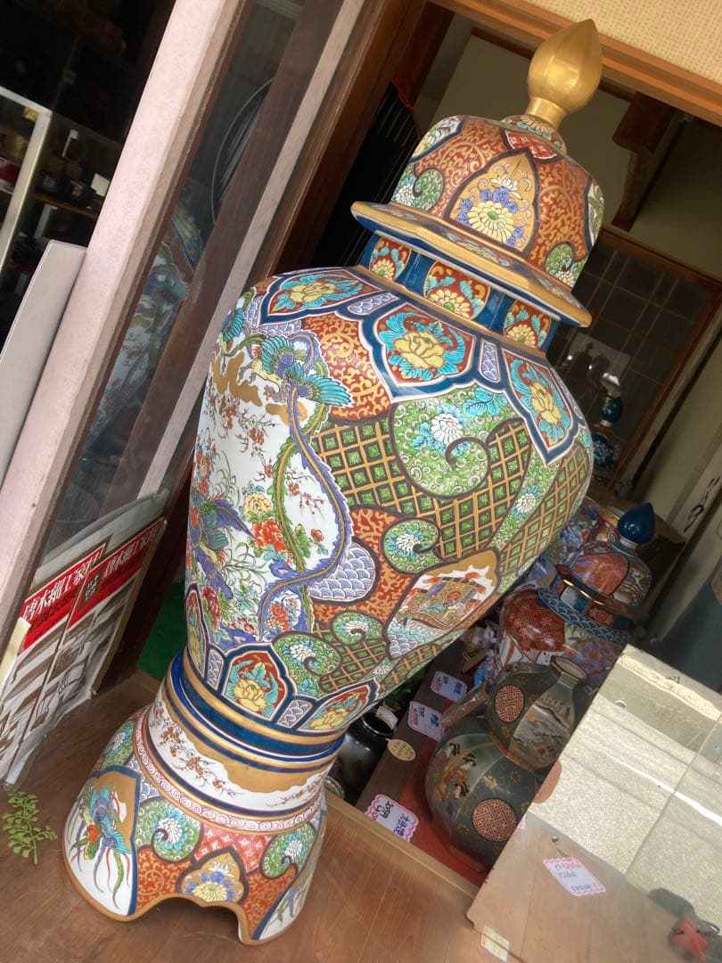 飾壺　豪華大壺　花鳥図染錦　獅子　有田焼　床壺　未使用品