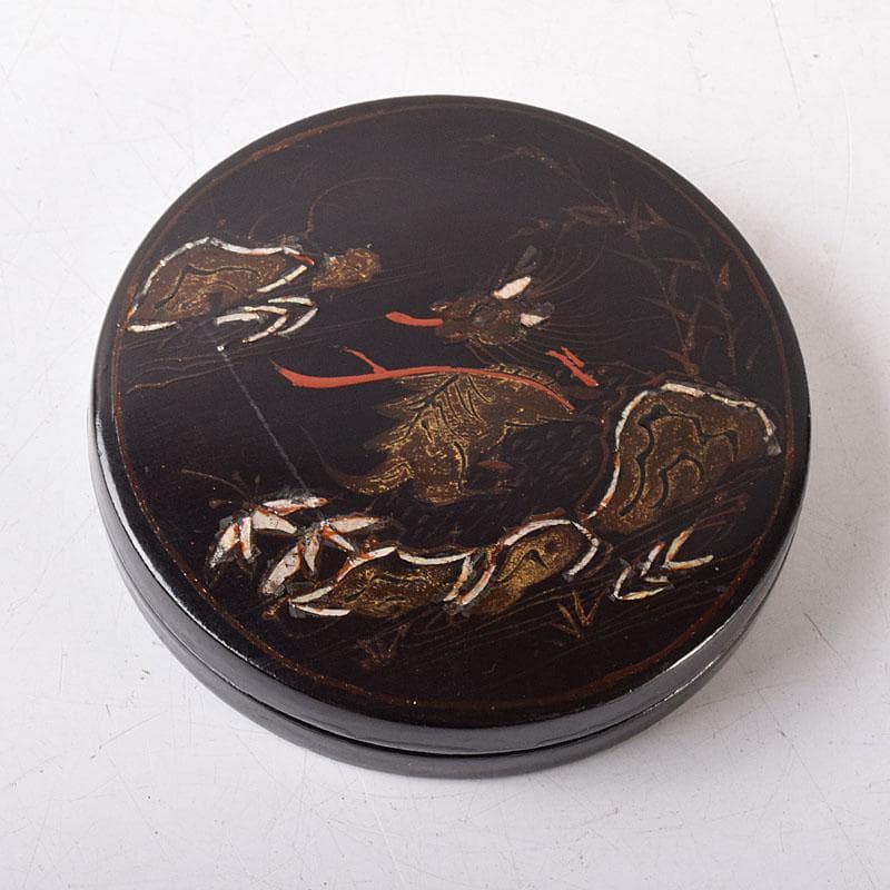 韓国漆　黒漆　螺鈿装飾　圓式香合　時代箱付　V　Ｒ8301