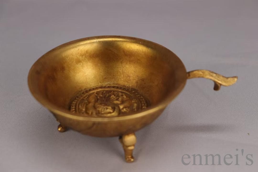 中国古美術 旧蔵清代 鍍金銅三足酒杯 精銅製 純手作り