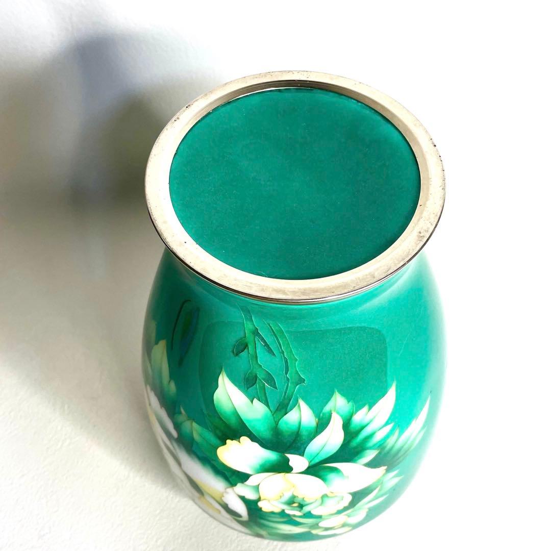 美術七宝焼』 花瓶 緑牡丹 壺 陶磁器 花柄