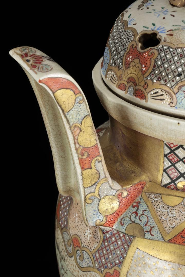 薩摩焼 金襴手金彩色絵 武者人物図 獅子摘三足大香炉 62㎝ 共箱 古美術 骨董