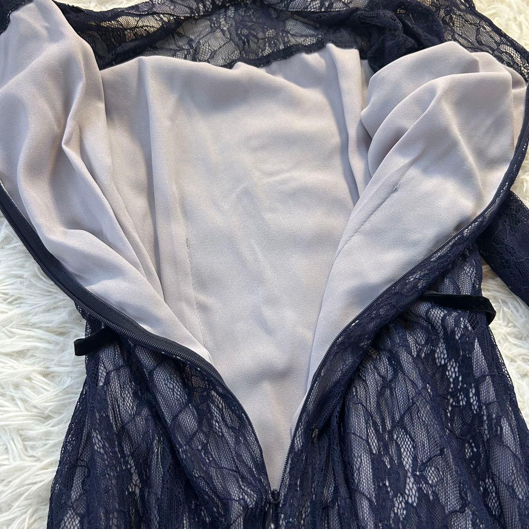 美品【NIANA】ニアナ シアーレース ウエストリボンドレス 長袖ワンピース L