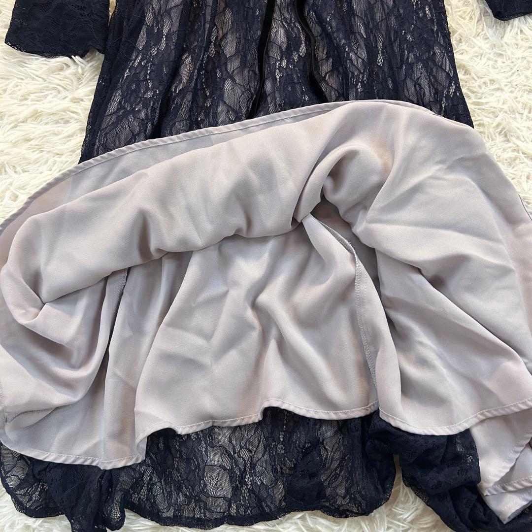 美品【NIANA】ニアナ シアーレース ウエストリボンドレス 長袖ワンピース L