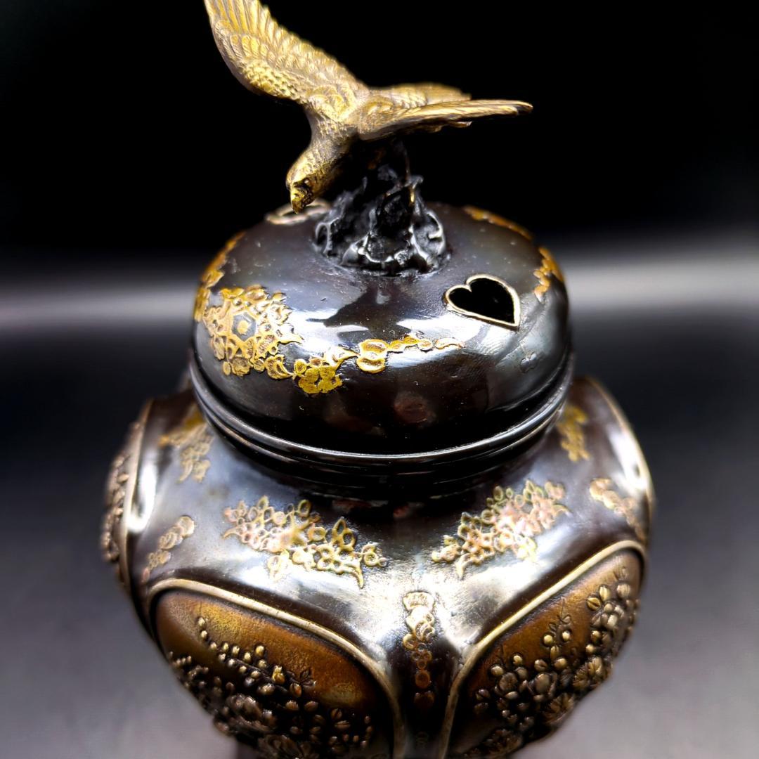 高岡銅器 瑞峰堂 大峰 花鳥文 銅製 香炉 証 共箱付 六面花鳥図 蝋型鋳銅