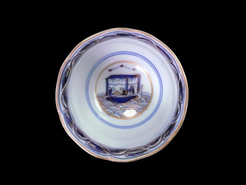 骨董 古伊万里 印判 図変わり印判 石灯籠 桜 3羽兎 円窓 小皿 手塩皿