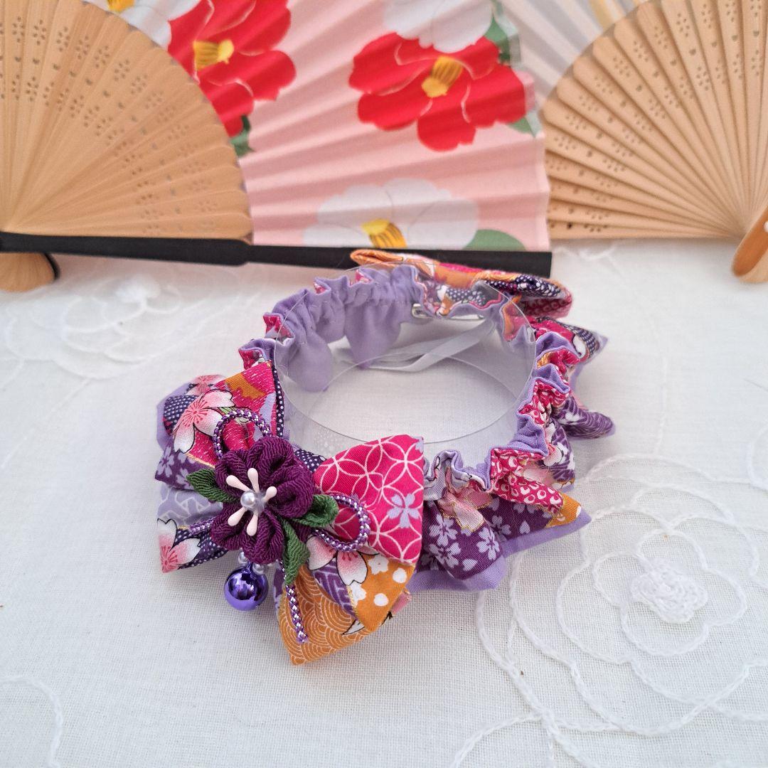 幅広シュシュ(紫①)つまみ細工付き、わんちゃん猫ちゃん用 短毛