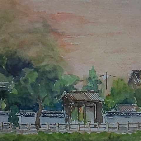 水彩画　仏生山法然寺　夕暮れ