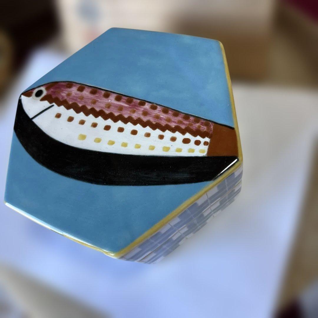 京焼 徳力孫三郎 彩画魚文陶箱 蓋物　共箱