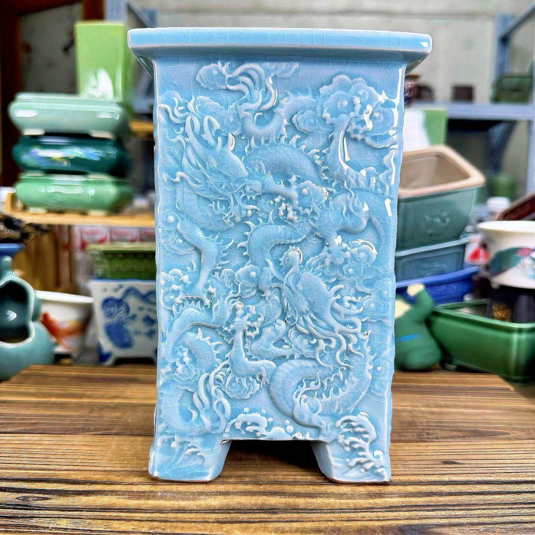 レリーフ竜四角盆栽鉢 青磁鉢 山野草鉢 多肉植物 植木鉢 小品大品陶器