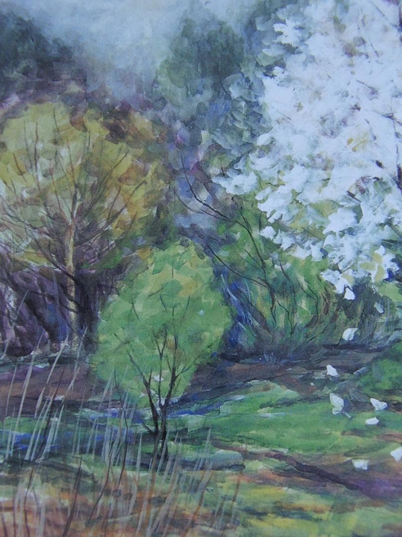 坂口かほる、【雨降る山の春】、希少な額装用画集より、新品額装付、状態良好