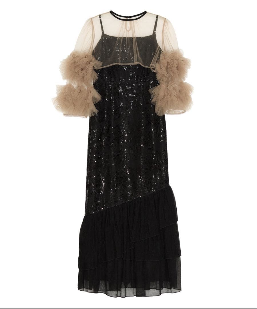 新品　フラワースパンコールチュールフリルスリーブIラインワンピースドレス