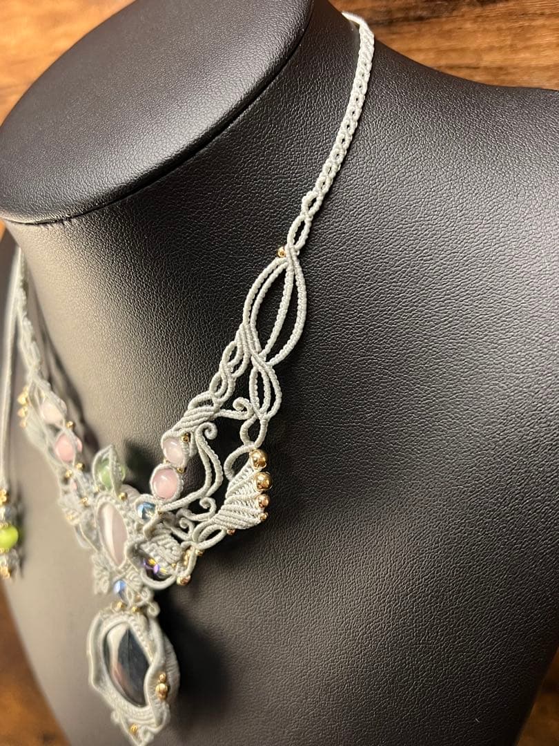 handmade】マクラメ× ラブラドライト&ローズクォーツ ネックレス